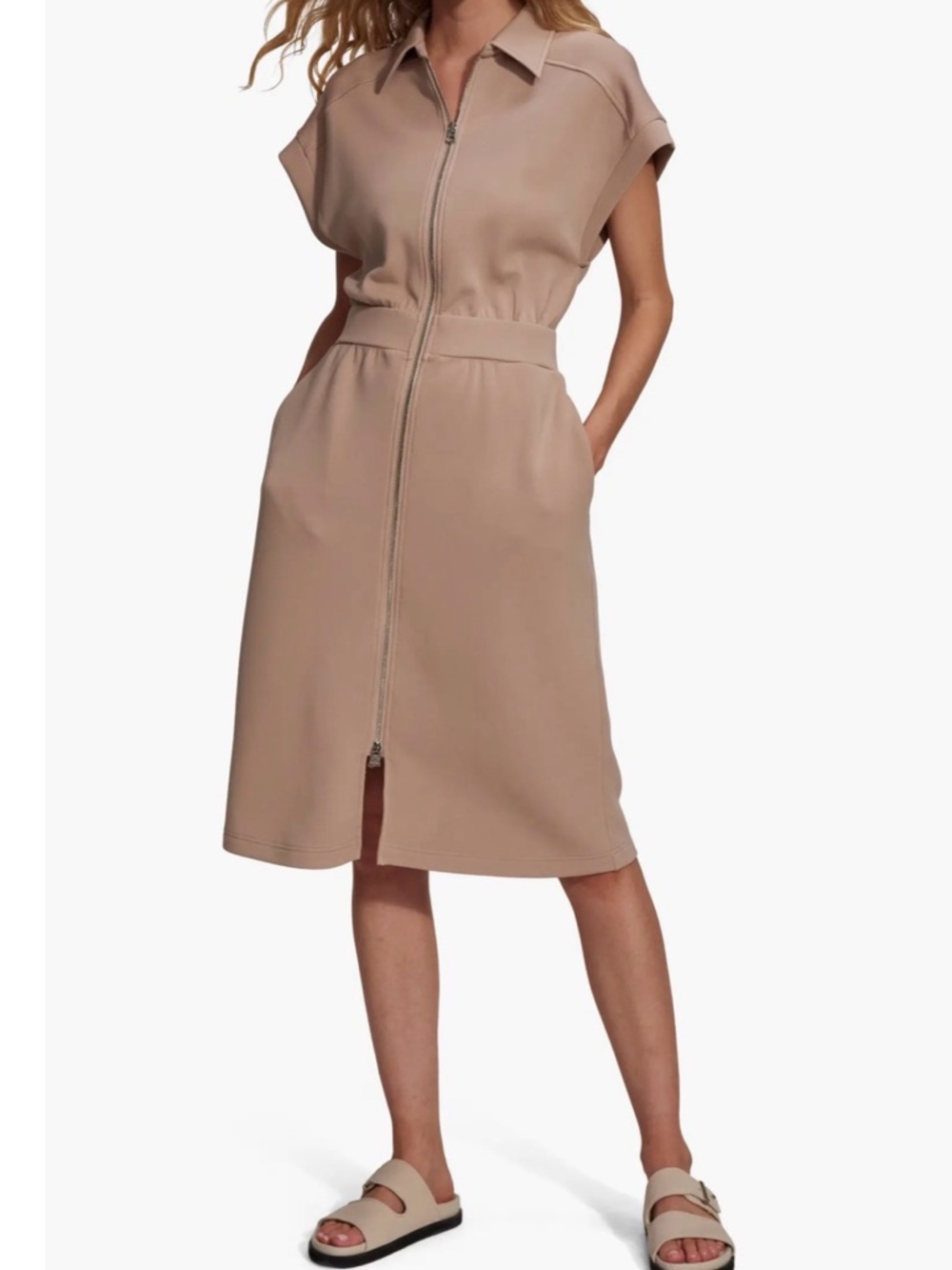 Varley Louisa Zip Front Dress Women’s XS Tan Pockets Sporty Doublesoft